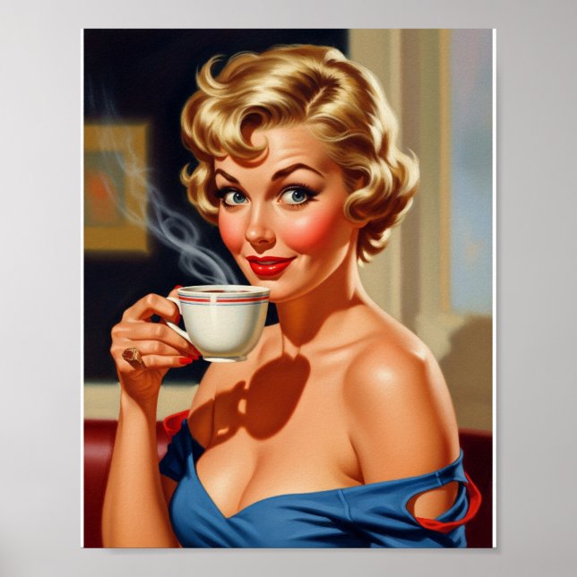 Vackra Retro Woman med en kopp kaffe Poster (Framsidan)