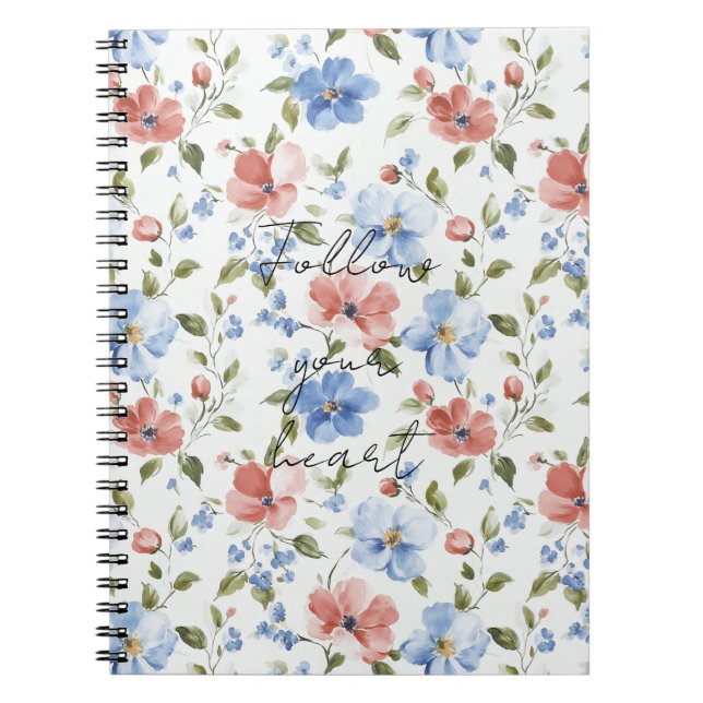 Vackra Röda Blå Blommor Anteckningsbok (Framsidan)