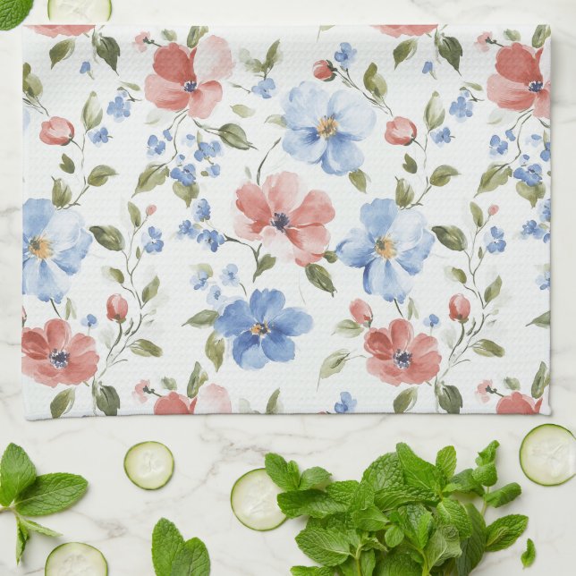 Vackra Röda Blå Blommor Födelsedag Kökshandduk (Vikta)