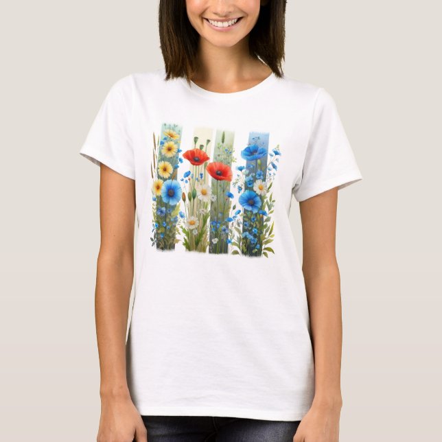 VACKRA RÖDA BLÅ OCH GULA BLOMMÄRKEN MED PENSELSTRÖ T SHIRT (Framsida)