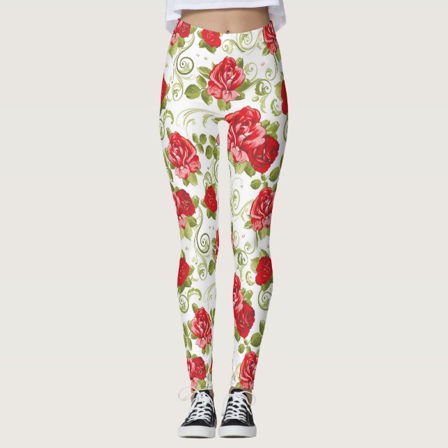 Vackra röda Blommigten Ro Mönster Leggings (Framsida)