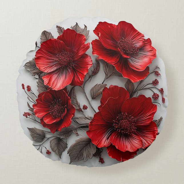 Vackra röda blommor och blad rund kudde (Framsidan)