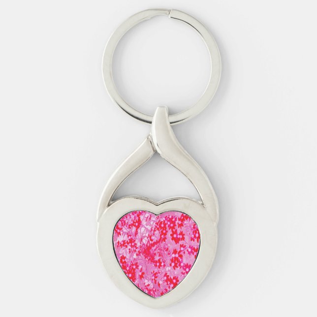 Vackra Röda Blommor Twisted Heart Silverfärgad Nyckelring (Framsidan)