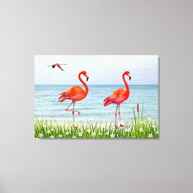 Vackra röda flamingos nära vita blommor Canvas (Framsida)