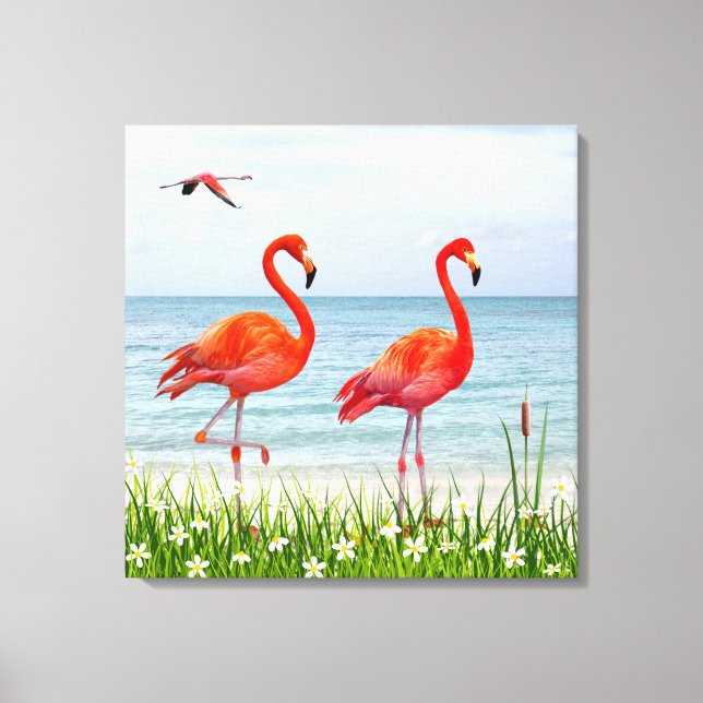 Vackra röda flamingos nära vita blommor canvastryck (Framsida)