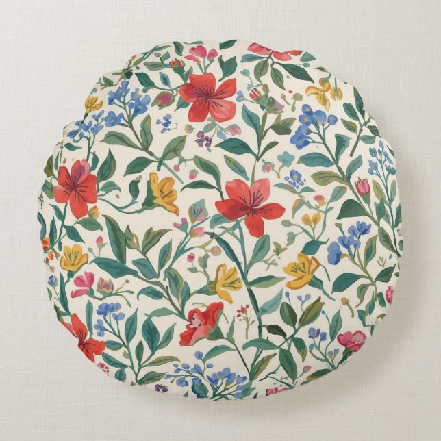 Vackra, röda gula blå blommor och blad mönster rund kudde (Framsidan)