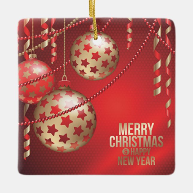 Vackra Röda och Golden Jul Bollar Square Julgransprydnad Keramik (Framsida)