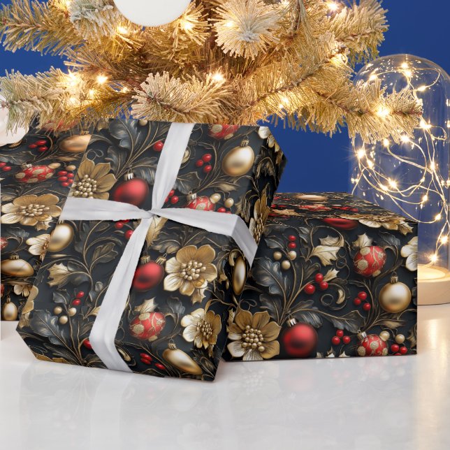 Vackra röda och gyllene dekorationer Gyllene blomm Presentpapper (Helgdagar)