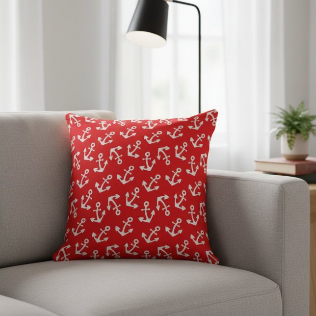Vackra röda och vita ankare, nautiska, stora kudde (Red and white anchors large cotton pillow.)