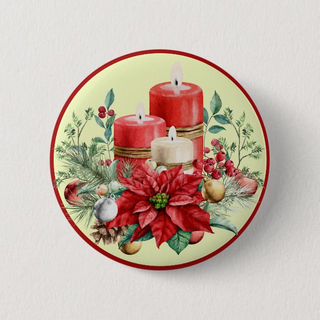Vackra röda och vita ljus och Poinsettias Knapp (Framsida)