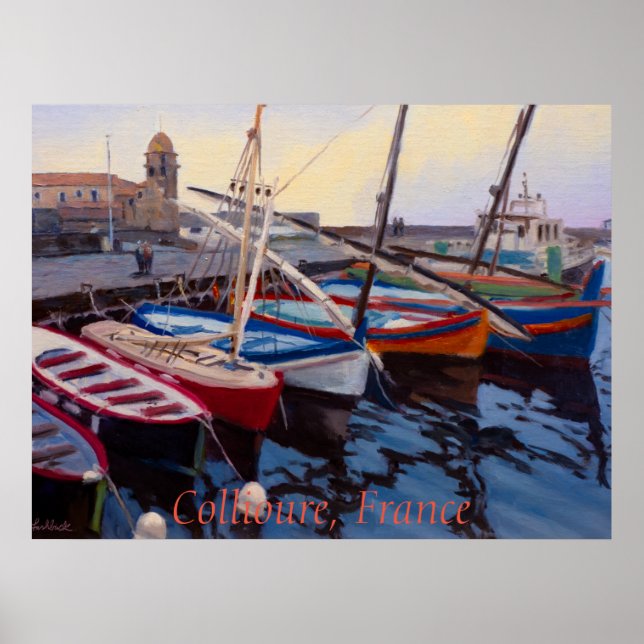 Vackra röda orange blå gröna båtar i Collioure Poster (Framsidan)