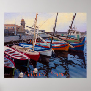 Vackra röda orange blå gröna båtar i Collioure Poster