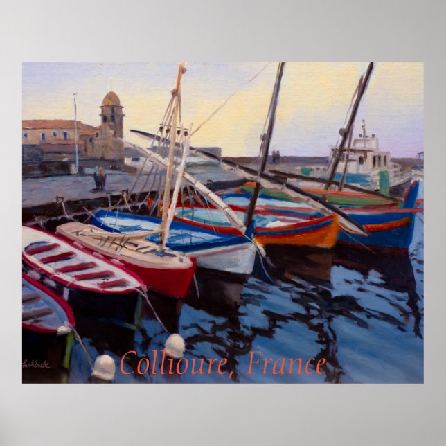 Vackra röda orange blå gröna båtar i Collioure Poster (Framsidan)