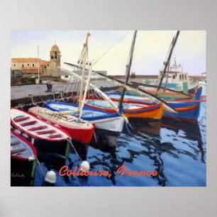 Vackra röda Orangen Blue Grönt Boats i Collioure Poster