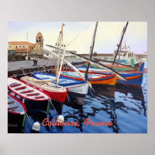 Vackra röda Orangen Blue Grönt Boats i Collioure Poster (Framsidan)