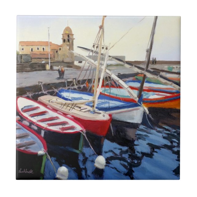 Vackra röda Orangen Blue Grönt Boats Kakelplatta (Framsidan)