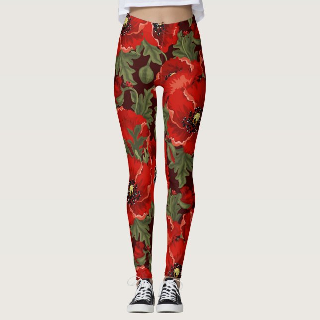Vackra röda peonier Gröna blad på svart Leggings (Framsida)
