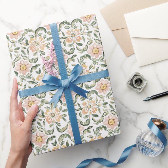 Vackra Röda Rosa Gröna Blad Blommig Födelsedag Presentpapper (Gifting)