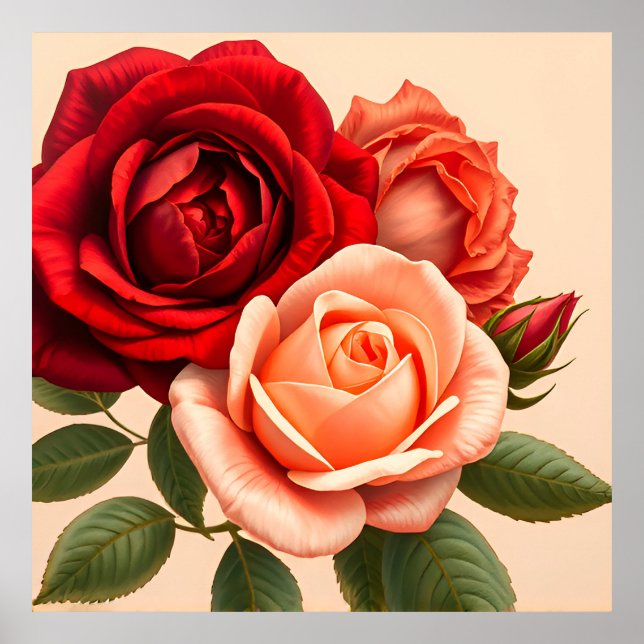 Vackra röda, rosa och korallfärgade rosor poster (Framsidan)