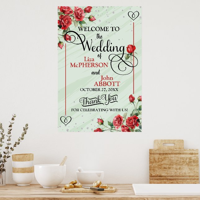 Vackra röda rosor Blommig bröllop välkommen Poster (Kök)