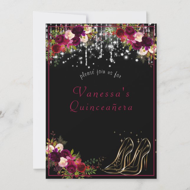 Vackra Röda Rosor Gnistrande Stjärnor Höga Klackar Inbjudningar (Framsida)