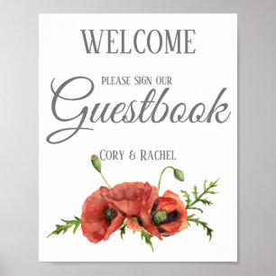 Vackra röda vallmos bröllopsgästbokstryck poster