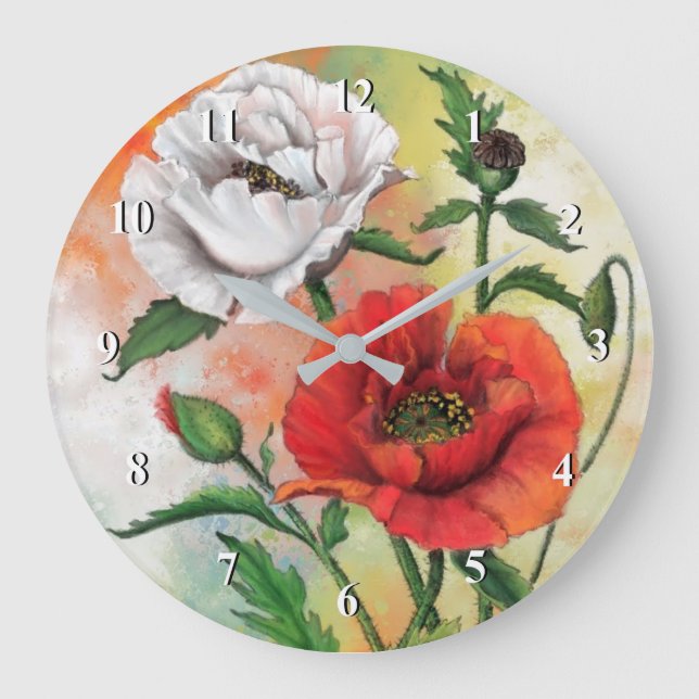 Vackra röda vita poppies Wall Clock - Målning Stor Klocka (Framsida)