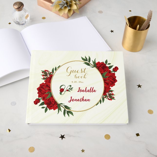 vackra rödblommor, grön gästböcker (Framsida Öppen)