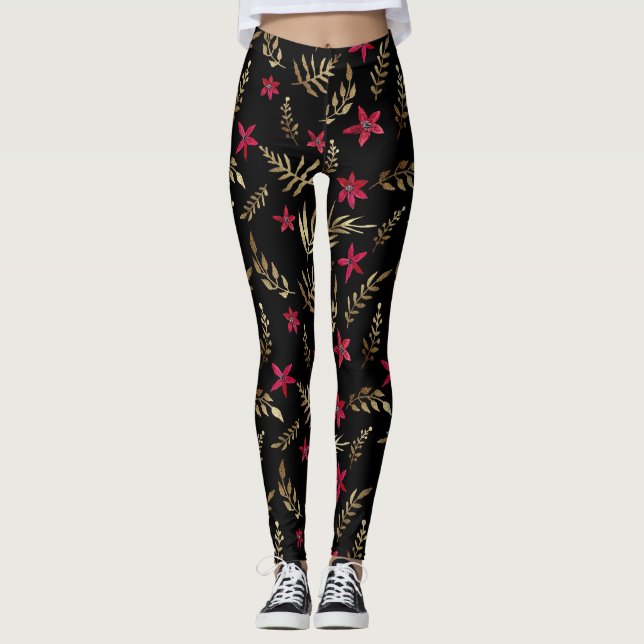 Vackra rödblommor, guldskinn löv svart el leggings (Framsida)