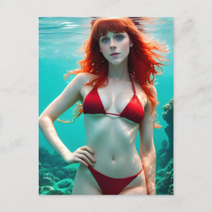 Vackra rödhårade kvinnor i Bikini Underwater Vykort