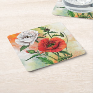 Vackra rödvita poppies - Migent målning Art Underlägg Papper Kvadrat