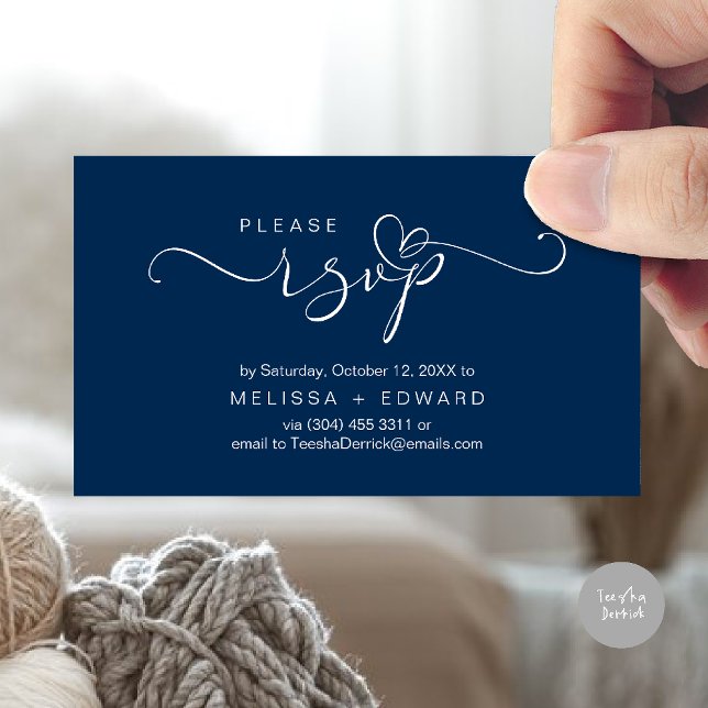 Vackra Romantiska Bröllopsinbjudningar RSVP-kort Tilläggskort (Wedding invitation RSVP via Phone or email respond reminder Enclosure Card in aesthetic Navy Blue)