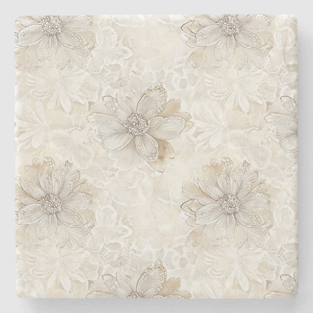 Vackra Romantiska Kräm Ivory Blommor Bröllop Stenunderlägg (Framsidan)