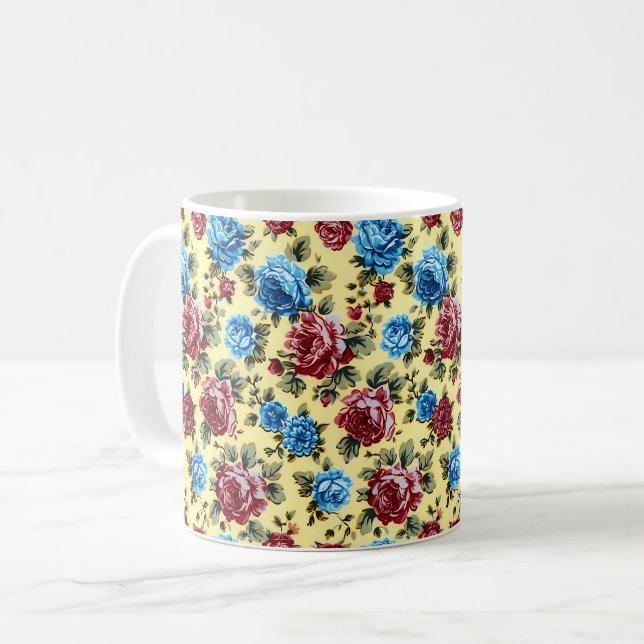 Vackra Romantiska Vår Röda Blå Flickaktiga Blommor Kaffemugg (Framsida vänster)
