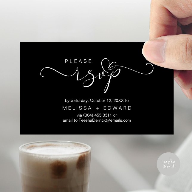 Vackra romska Bröllopsinbjudningar OSA kort (Wedding invitation RSVP via Phone or email respond reminder Enclosure Card in aesthetic Black White)