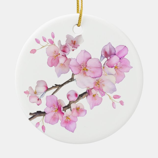 Vackra rosa akvarell körsbärsblommor julgransprydnad keramik (Framsidan)