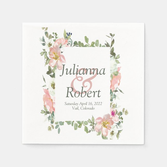 Vackra rosa akvarellblommiga servetter (Framsidan)