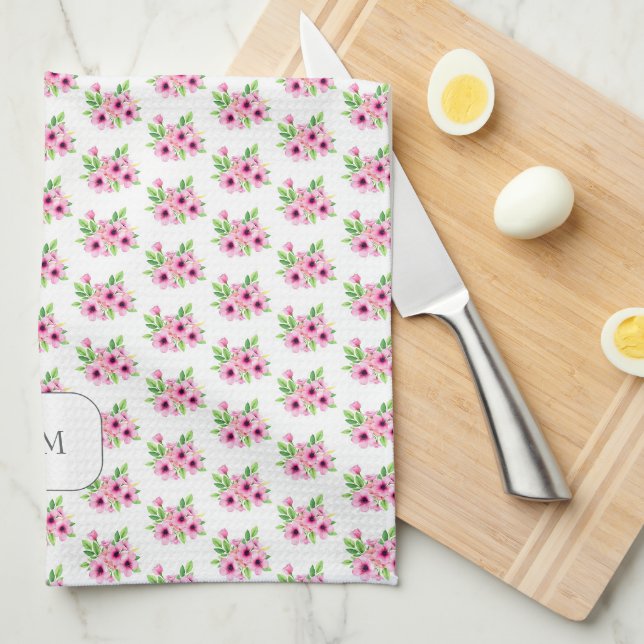 Vackra rosa akvarellblommor med monogram kökshandduk (Vikt i Fjärdedel)