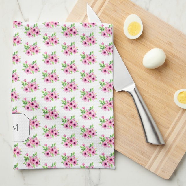 Vackra rosa akvarellblommor med monogram kökshandduk (Vikt i Fjärdedel)