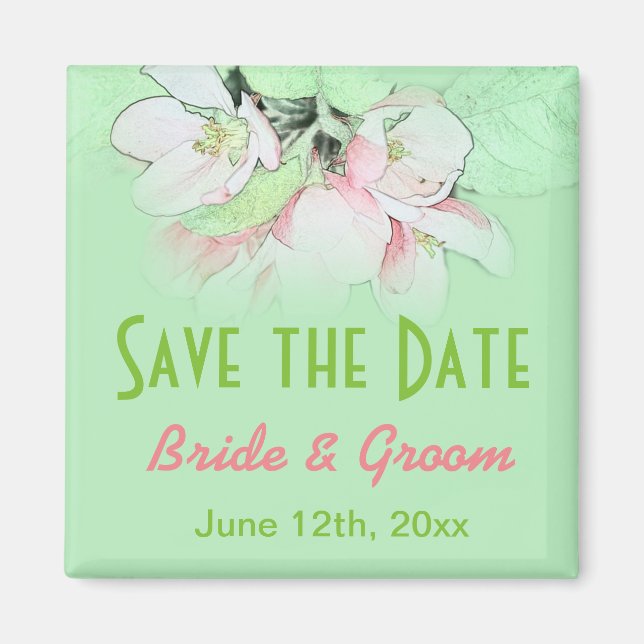 vackra rosa äppelblommor grönt save the date magnet (Framsidan)