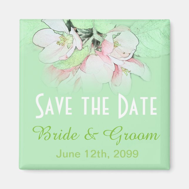 vackra rosa äppelblommor grönt save the date magnet (Framsidan)