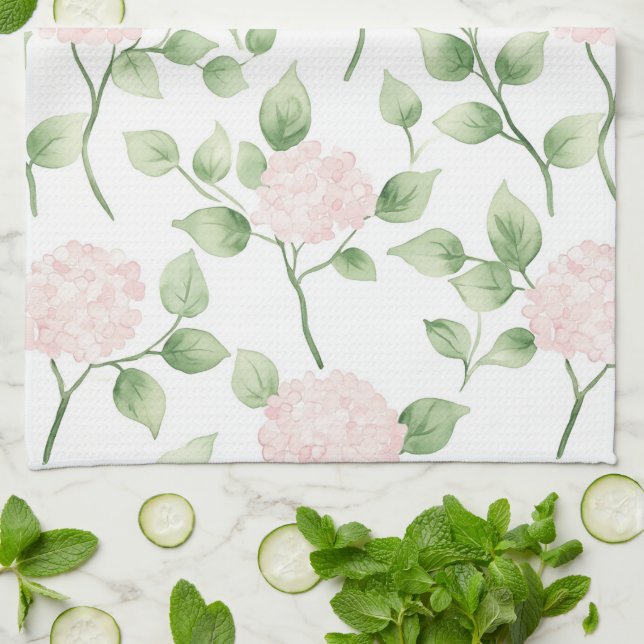 Vackra Rosa Blommor Gröna blad   Kökshandduk (Vikta)