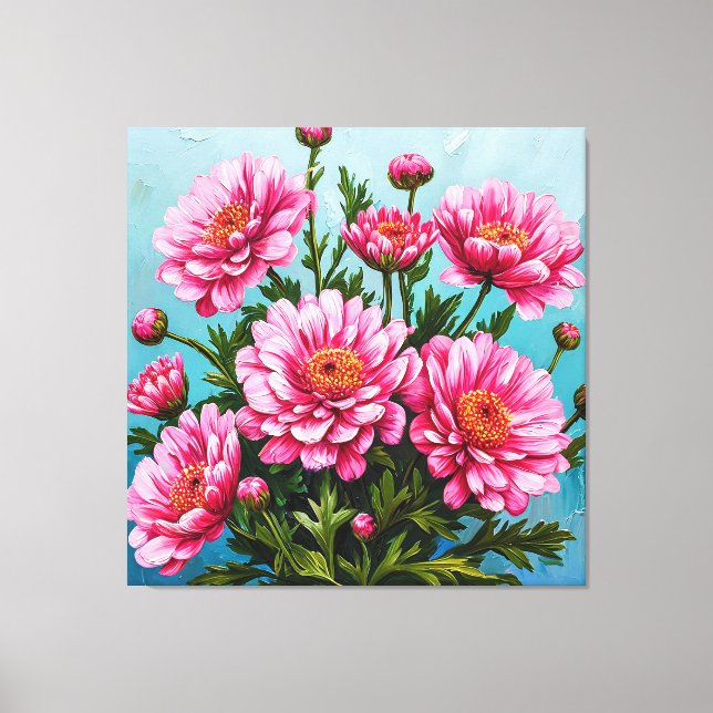 Vackra rosa blommor med gröna blad canvastryck (Framsida)