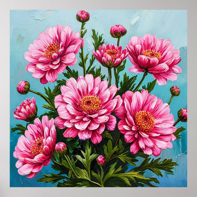 Vackra rosa blommor med gröna blad poster (Framsidan)