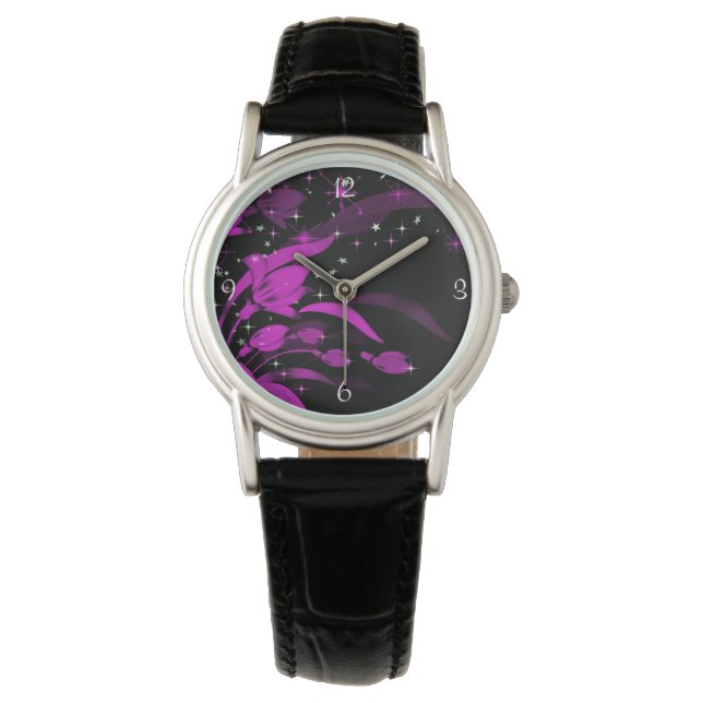 Vackra Rosa Blommor Stjärnexplosioner Glitter Armbandsur (Framsida)