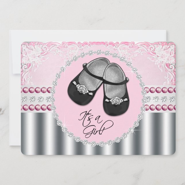Vackra rosa diamanter och pärlor Baby Shower Inbjudningar (Framsida)