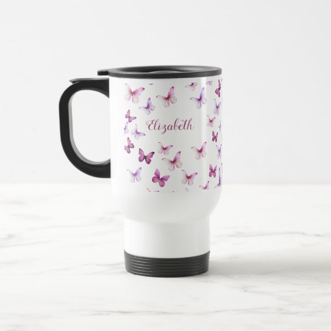 Vackra Rosa Fjärilar Anpassat Namn Resemugg (Vänster)