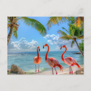 Vackra rosa flamingor palmträd sand Ocean Vykort