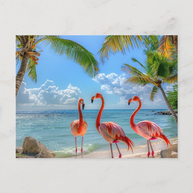 Vackra rosa flamingor palmträd sand Ocean  Vykort (Framsida)