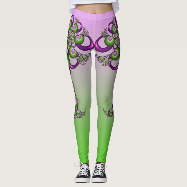 Vackra Rosa Gröna Hjärtan Modern Abstrakt Fraktal Leggings (Framsida)